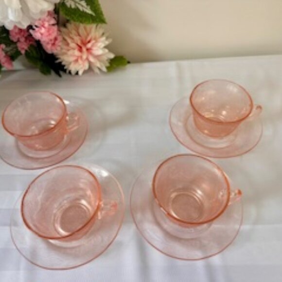 Macbeth-Evans Dogwood Pink Depression Glass Teacups and Saucers‎ Set Vintage - Picture 4 of 6